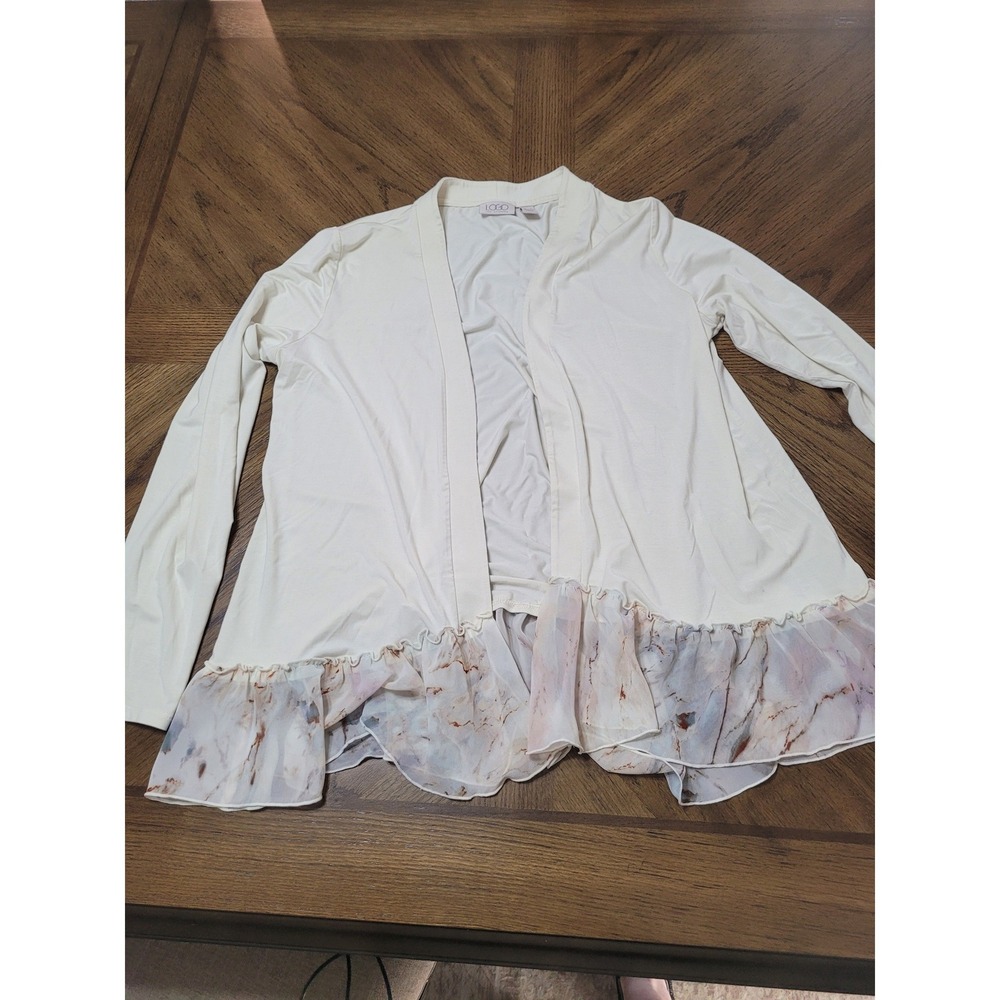 LOGO Lori Goldstein Cream Ruffle Hem Cardigan‎ Sweater Women's Size S